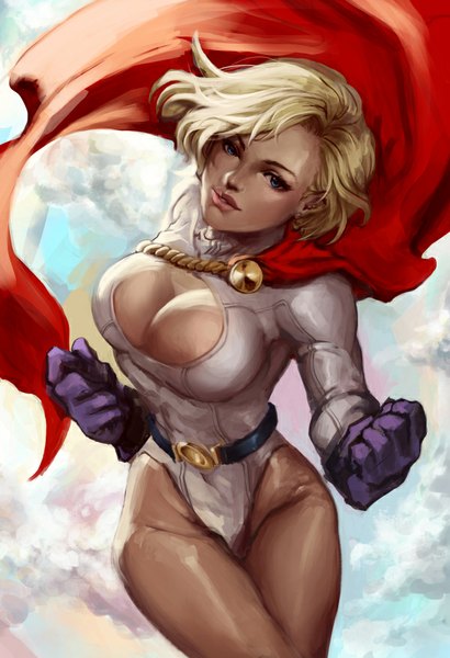 Anime picture 600x877 with dc comics power girl lucidsky single tall image looking at viewer short hair breasts blue eyes light erotic blonde hair large breasts cleavage lips eyebrows superhero girl gloves belt cloak