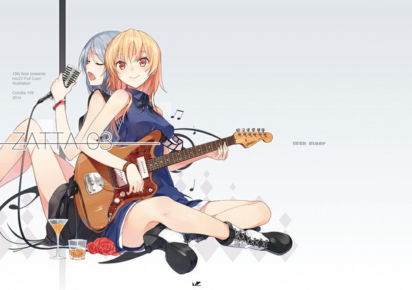 Anime picture 1032x728 with original miz22 looking at viewer blush short hair open mouth blonde hair smile sitting multiple girls grey hair inscription sleeveless playing instrument singing girl dress 2 girls boots bracelet