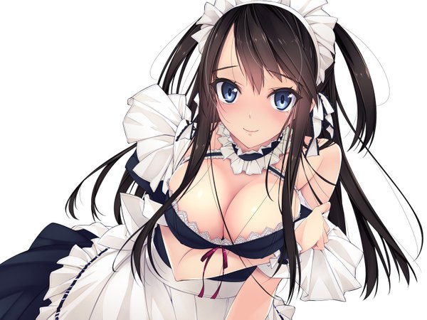 Anime picture 1600x1200 with original murakami suigun single long hair looking at viewer blush breasts blue eyes light erotic black hair simple background white background cleavage maid girl dress uniform headdress maid headdress