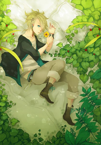 Anime picture 698x1000 with original anzu (astro75) single tall image looking at viewer fringe short hair blue eyes blonde hair lying hair over one eye piercing boy hair ornament flower (flowers) plant (plants) boots hairclip pendant bed