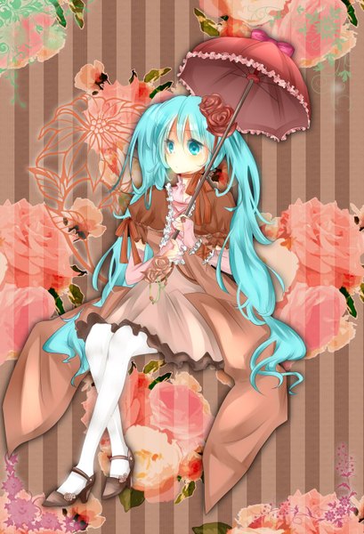 Anime picture 1000x1465 with vocaloid hatsune miku nana (nonnnonn0503) single tall image twintails very long hair aqua eyes aqua hair girl dress flower (flowers) frills umbrella