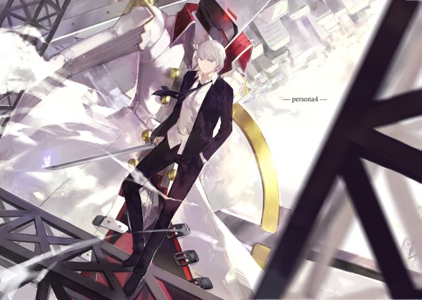 Anime picture 1263x900 with persona 4 persona narukami yuu cotta single short hair brown eyes white hair copyright name hand in pocket boy uniform weapon school uniform sword necktie insect butterfly suit