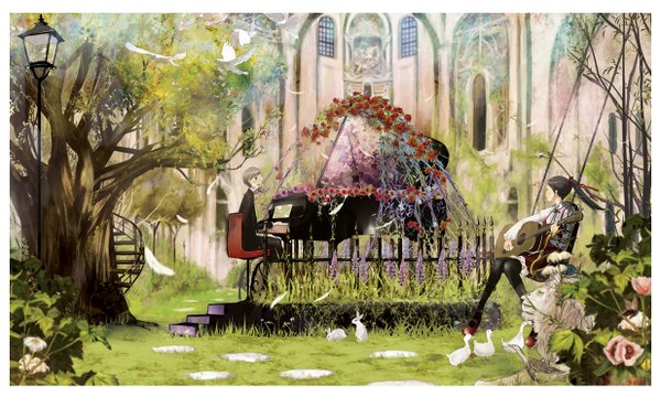 Anime picture 1235x742 with shigureteki wide image nature music flower (flowers) plant (plants) animal tree (trees) bird (birds) musical instrument lantern guitar bunny piano swing grand piano