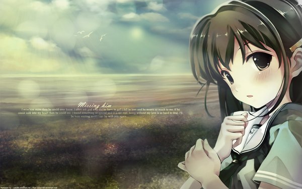 Anime picture 1920x1200 with suiheisen made nan mile? nakano hinata misaki kurehito single long hair looking at viewer blush highres brown hair wide image brown eyes sky cloud (clouds) sunlight inscription wallpaper close-up landscape scenic field