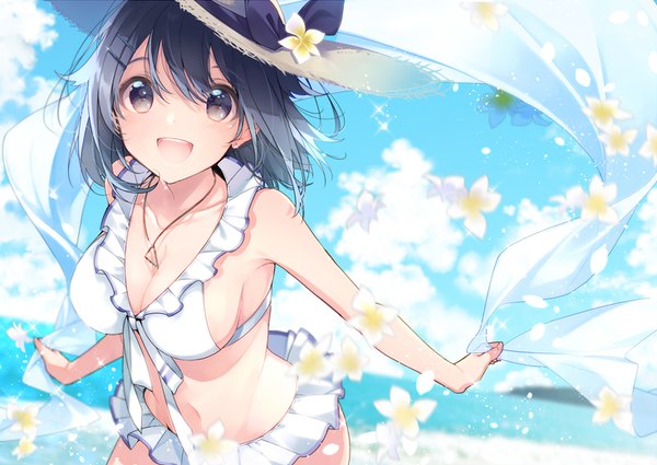 Anime picture 1468x1040 with original umiko (munemiu) single looking at viewer fringe short hair open mouth light erotic black hair hair between eyes sky cloud (clouds) :d black eyes beach sideboob girl flower (flowers) swimsuit hat