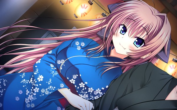 Anime picture 1054x659 with scramble lovers izumo sakurako inuzumi masaki long hair looking at viewer blush breasts blue eyes smile brown hair large breasts game cg traditional clothes japanese clothes night teeth couple sharp teeth girl boy