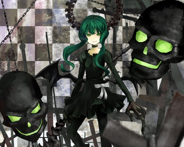 Anime picture 2560x2048 with black rock shooter dead master single long hair looking at viewer highres green eyes horn (horns) green hair black wings girl dress weapon choker black dress cross skull scythe