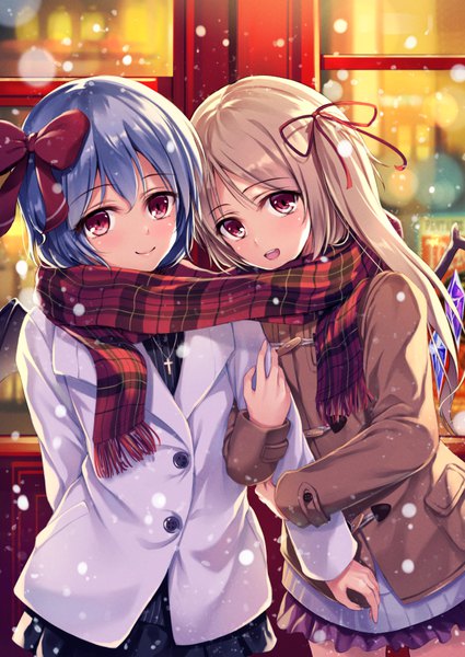 Anime picture 616x870 with touhou flandre scarlet remilia scarlet ouka (ra-raradan) long hair tall image looking at viewer blush short hair open mouth blonde hair smile red eyes multiple girls blue hair one side up snowing shared scarf girl bow