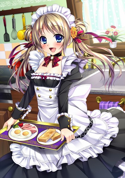Anime picture 1401x2000 with original moe2015 bucchake (asami) long hair tall image looking at viewer blush open mouth blue eyes blonde hair smile twintails maid girl dress uniform food headdress maid headdress
