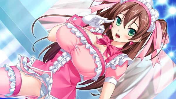 Anime picture 2048x1152 with gakuen caste single long hair looking at viewer blush highres breasts open mouth light erotic brown hair wide image large breasts green eyes game cg pantyshot girl dress gloves underwear panties
