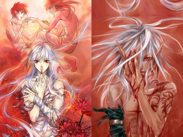 Anime picture 1200x900 with egosun (artist) long hair short hair red eyes silver hair white hair red hair nail polish wind pointy ears orange hair tattoo holding hands multiview red background face to face boy detached sleeves blood pants