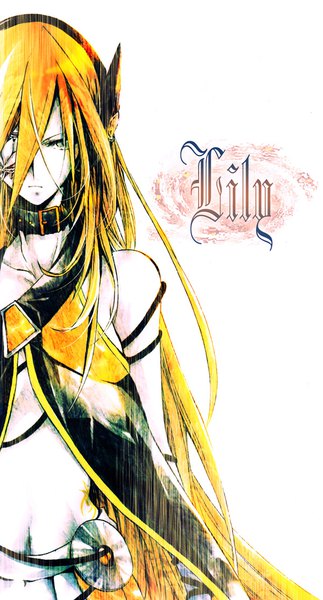 Anime picture 600x1113 with vocaloid lily (vocaloid) nekoritatsuki single long hair tall image looking at viewer fringe simple background blonde hair hair between eyes white background bare shoulders pleated skirt character names girl skirt collar
