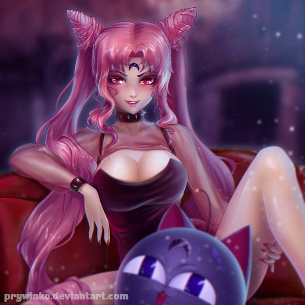 Anime picture 2000x2000 with bishoujo senshi sailor moon toei animation chibiusa black lady luna p olga narhova looking at viewer blush fringe highres breasts light erotic smile red eyes large breasts sitting signed pink hair bent knee (knees) very long hair