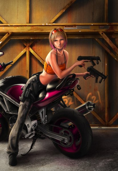 Anime picture 850x1227 with poibuts wen juinn single long hair tall image looking at viewer short hair pink eyes multicolored hair two-tone hair girl weapon glasses gun motorcycle