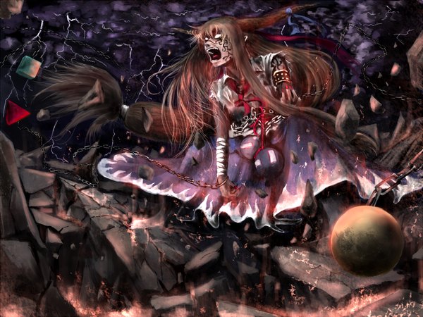 Anime picture 1024x768 with touhou ibuki suika chama (painter) long hair open mouth brown hair sky nail polish horn (horns) tattoo lightning destruction blank eyes girl dress chain bandage (bandages) shackles