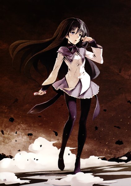 Anime picture 2127x3017 with mahou shoujo madoka magica shaft (studio) akemi homura tiv single long hair tall image highres black hair purple eyes looking away wind scan checkered floor magical girl dust girl skirt miniskirt pantyhose