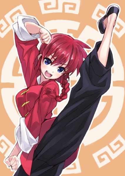 Anime picture 600x847 with ranma 1/2 saotome ranma saotome ranma (girl) matsuryuu single long hair tall image looking at viewer blush open mouth blue eyes red hair braid (braids) single braid chinese clothes genderswap kick girl pants