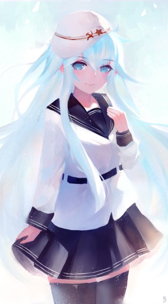 Anime picture 700x1265 with kantai collection hibiki destroyer verniy destroyer junp single long hair tall image looking at viewer blush fringe blue eyes smile standing blue hair ahoge zettai ryouiki lens flare snowing hammer and sickle girl