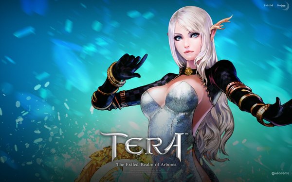 Anime picture 1400x875 with tera online high elf single long hair blue eyes simple background wide image silver hair realistic inscription girl dress gloves elbow gloves