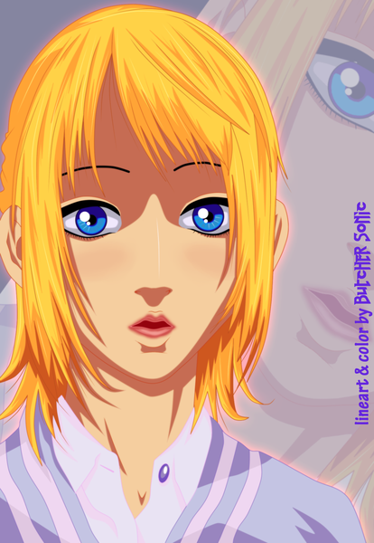 Anime picture 1381x2000 with the breaker saehee butchersonic single long hair tall image blush open mouth blue eyes blonde hair lips coloring portrait face zoom layer girl
