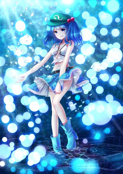 Anime picture 992x1403 with touhou kawashiro nitori nunucco single tall image short hair blue eyes twintails bare shoulders blue hair looking away bare legs bare belly underwater girl skirt navel hair ornament boots hair tie