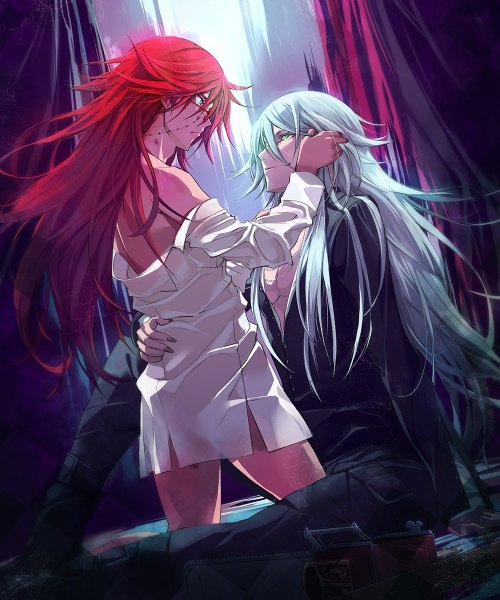 Anime picture 1000x1200 with kuroshitsuji a-1 pictures grell sutcliff undertaker michairu long hair tall image fringe light erotic smile hair between eyes sitting bare shoulders green eyes silver hair full body red hair long sleeves multiple boys open shirt