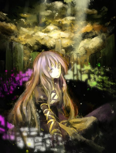 Anime picture 1300x1703 with touhou hijiri byakuren lowlight kirilenko single long hair tall image smile sky cloud (clouds) multicolored hair city girl dress sorcerer's sutra scroll