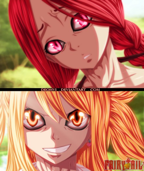 Anime picture 862x1019 with fairy tail lucy heartfilia flare corona deohvi long hair tall image blonde hair smile twintails multiple girls yellow eyes red hair braid (braids) pink eyes inscription grin coloring watermark light close-up