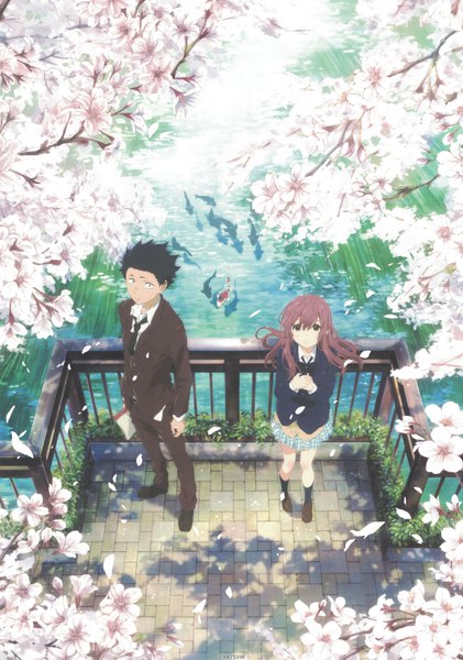 Anime picture 3229x4606 with koe no katachi kyoto animation nishimiya shouko ishida shouya long hair tall image looking at viewer highres short hair black hair brown hair brown eyes absurdres full body from above scan official art cherry blossoms river spring