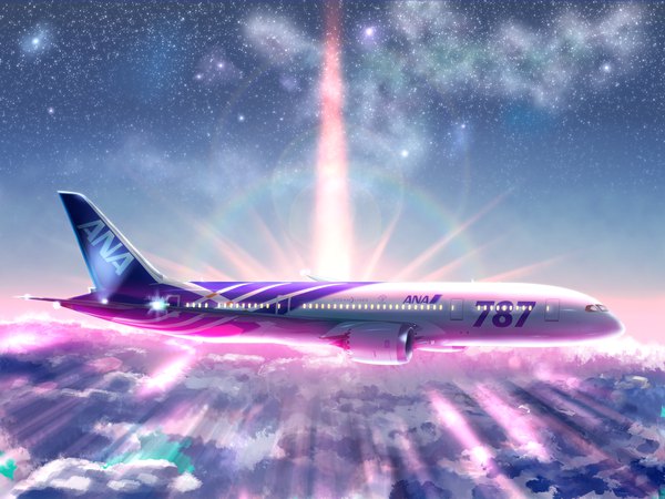 Anime picture 2000x1500 with original aspica highres sky cloud (clouds) sunlight no people sunbeam star (stars) aircraft airplane boeing 787