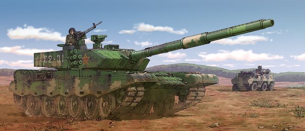 Anime picture 1500x648 with original earasensha wide image sky cloud (clouds) military boy weapon ground vehicle car tank caterpillar tracks ztz-99