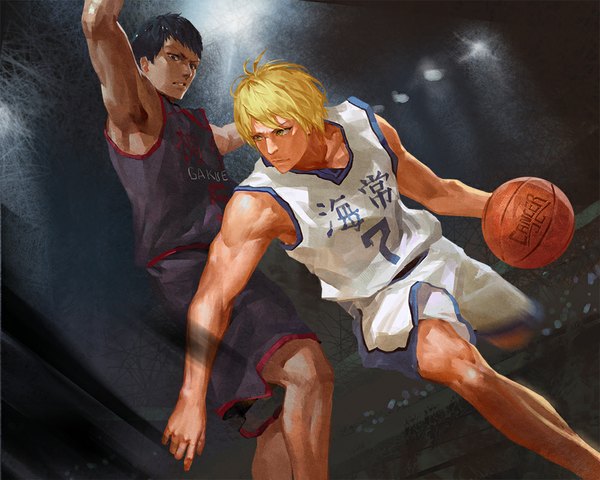 Anime picture 1000x800 with kuroko no basket production i.g kise ryouta aomine daiki cancer (zjcconan) black hair blonde hair yellow eyes multiple boys armpit (armpits) dark skin muscle running basketball boy uniform 2 boys gym uniform ball basketball ball