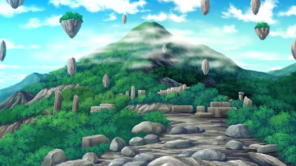 Anime picture 2048x1152 with guardian place skyfish (studio) highres wide image game cg sky cloud (clouds) mountain landscape plant (plants)