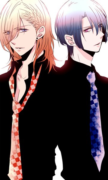 Anime picture 600x1000 with uta no prince-sama a-1 pictures jinguji ren hijirikawa masato soul brother (artist) long hair tall image short hair blue eyes simple background blonde hair white background purple eyes blue hair pink eyes multiple boys partially open clothes back to back boy shirt