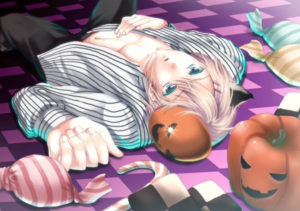Anime picture 1500x1056 with uta no prince-sama a-1 pictures kurusu shou tagme (artist) single looking at viewer open mouth light erotic blonde hair animal ears lying aqua eyes cat ears open clothes on back open shirt halloween muscle checkered floor upside down