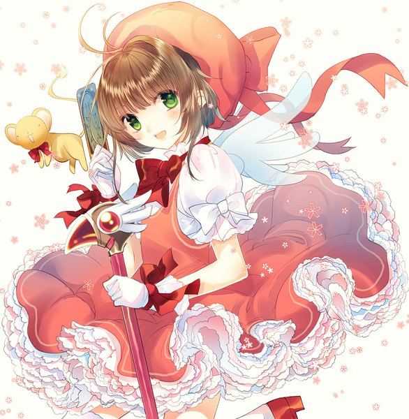 Anime picture 1100x1126 with card captor sakura clamp kinomoto sakura yosuga ioru single tall image looking at viewer blush short hair open mouth brown hair white background green eyes girl dress gloves bow hat wings frills