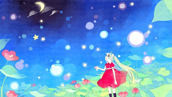 Anime picture 1000x563 with vocaloid hatsune miku kyang692 single blush open mouth blue eyes wide image twintails cloud (clouds) very long hair green hair night crescent girl dress flower (flowers) socks star (symbol) black socks