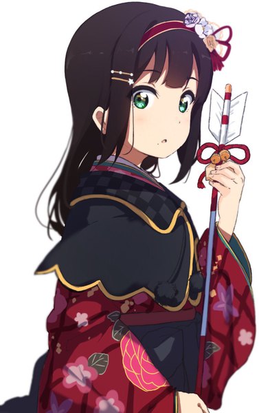 Anime picture 1072x1703 with love live! sunshine!! sunrise (studio) love live! kurosawa dia icehotmilktea single long hair tall image looking at viewer fringe black hair simple background white background holding green eyes upper body traditional clothes japanese clothes new year girl