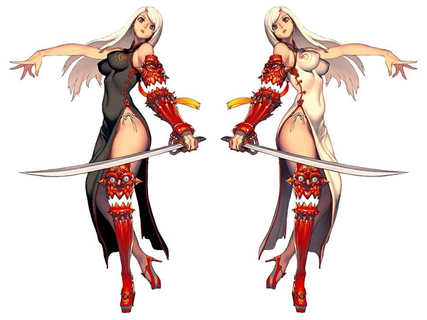 Anime picture 1024x768 with blade & soul long hair breasts light erotic simple background red eyes white background bare shoulders white hair traditional clothes covered navel chinese clothes weapon sword armor thigh boots chinese dress