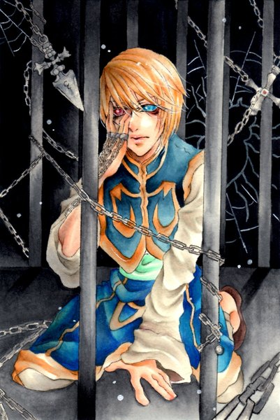 Anime picture 1390x2079 with hunter x hunter kurapica single tall image short hair blonde hair heterochromia kneeling traditional media watercolor (medium) boy chain cross cage spider web