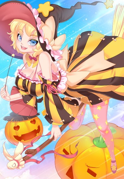 Anime picture 840x1217 with original lucknight single tall image short hair blonde hair halloween witch star print girl thighhighs dress detached sleeves star (symbol) witch hat