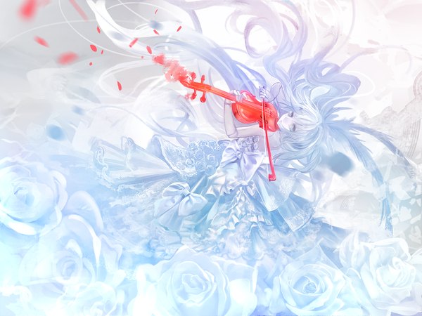 Anime picture 1200x900 with original torino aqua single looking at viewer bare shoulders silver hair very long hair pale skin silver eyes playing instrument abstract doll joints girl dress flower (flowers) bow petals rose (roses) musical instrument white rose