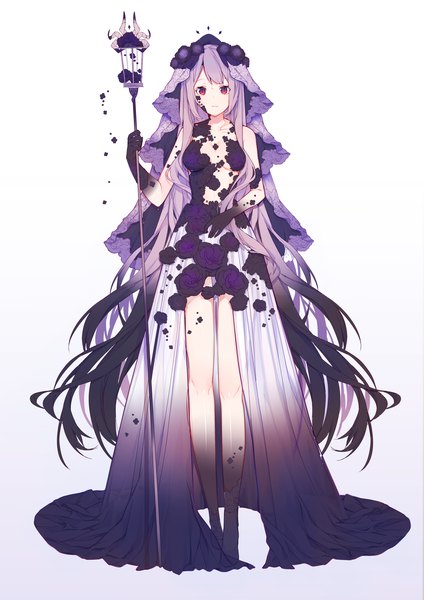 Anime picture 3826x5409 with original pixiv fantasia pixiv fantasia revenge of the darkness miyuki (miyuki0529) single tall image looking at viewer fringe highres breasts black hair simple background red eyes standing white background holding absurdres purple hair very long hair legs