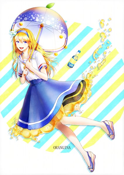 Anime picture 2480x3513 with original orangina p.rupon single long hair tall image fringe highres open mouth blonde hair purple eyes looking away legs happy girl dress umbrella headband drink