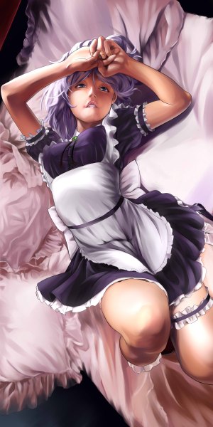 Anime picture 1200x2400 with touhou izayoi sakuya mrblackcat single tall image short hair breasts open mouth blue eyes large breasts bent knee (knees) white hair arms up bare legs short sleeves maid shiny skin girl dress uniform