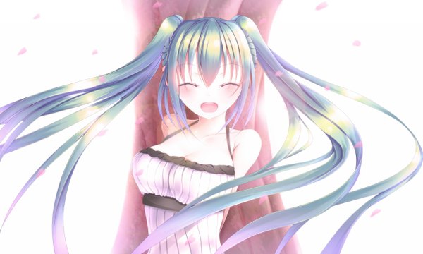 Anime picture 2500x1500 with vocaloid hatsune miku isshiki (ffmania7) single blush highres open mouth wide image twintails eyes closed very long hair aqua hair girl dress plant (plants) petals tree (trees)