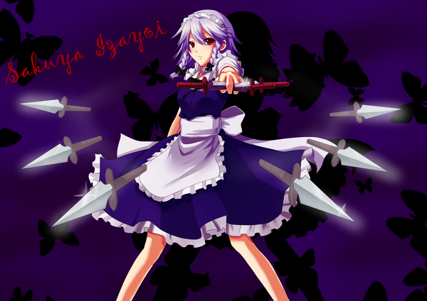 Anime picture 3035x2149 with touhou izayoi sakuya tomato-ed single highres short hair red eyes absurdres purple hair braid (braids) shadow maid girl weapon headdress maid headdress insect butterfly apron knife