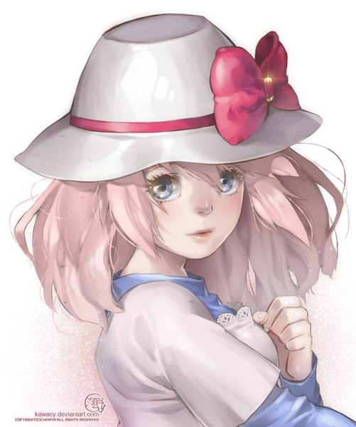 Anime picture 752x900 with pokemon pokemon black and white nintendo ruri (pokemon) kawacy single tall image looking at viewer fringe short hair blue eyes simple background hair between eyes white background pink hair lips sparkle girl bow hat