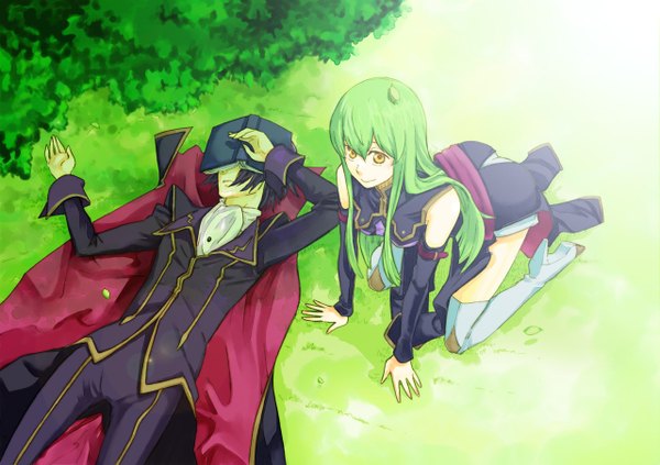 Anime picture 1280x904 with code geass sunrise (studio) c.c. lelouch lamperouge long hair fringe short hair black hair hair between eyes bare shoulders yellow eyes payot outdoors lying long sleeves green hair arm support on back kneeling girl
