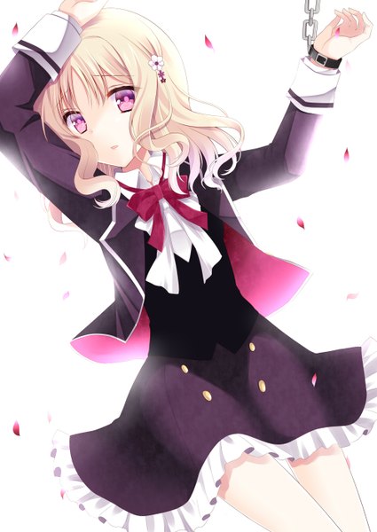 Anime picture 1000x1412 with diabolik lovers idea factory komori yui agekichi (heart shape) single tall image looking at viewer short hair simple background blonde hair white background pink eyes girl dress petals chain